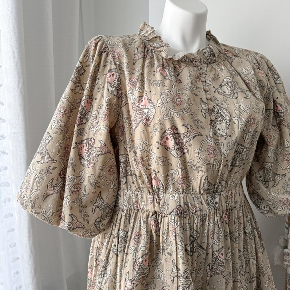 Let Me Be Anthropologie Celeste Fish Print Peasant Puff Sleeves Mini Dress 14 - Picture 6 of 14